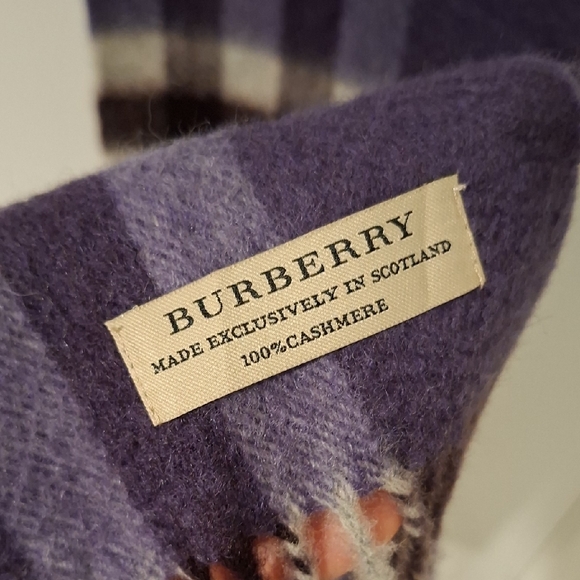 Burberry 100% Cashmere Narrow Purple, White & Black Plaid Scarf - Picture 2 of 4
